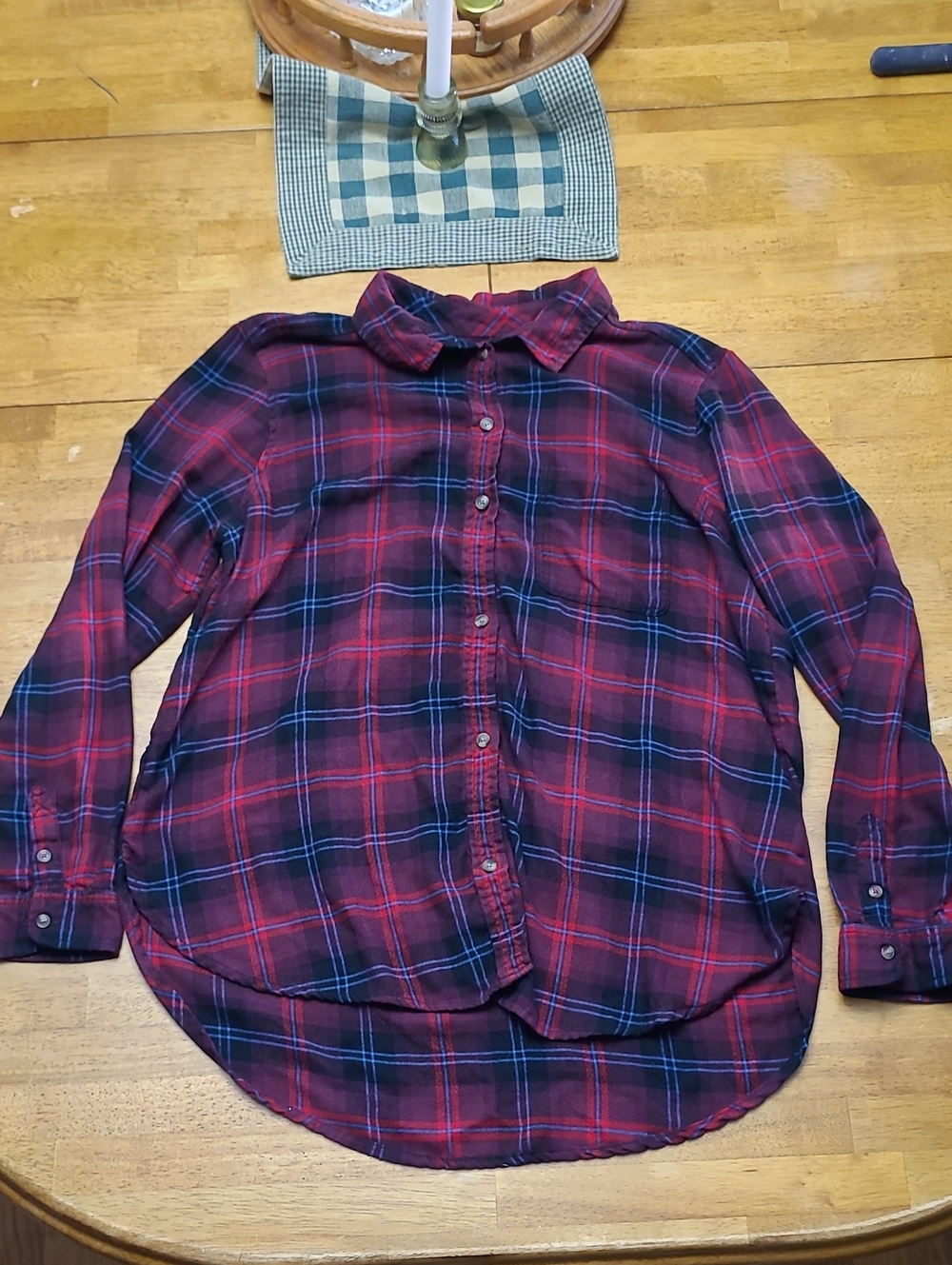 Women's Red And Blue Plaid Flannel Button-Up Shirt